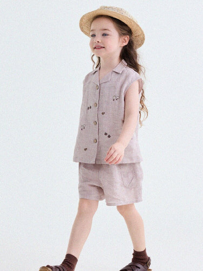 Embroidered Linen Sleeveless Shirt Shorts フルーツ刺繍 ノースリーブシャツ ショートパンツ【mh0013187】