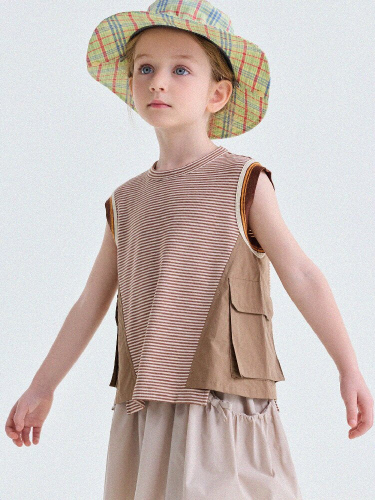 Striped Cargo Vest Cotton T-shirt Camiseta sin mangas de rayas【mh0013203】