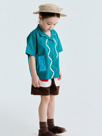 Retro Color-Blocking Short-Sleeved Cotton Shirt レトロ 半袖シャツ【mh0013207】