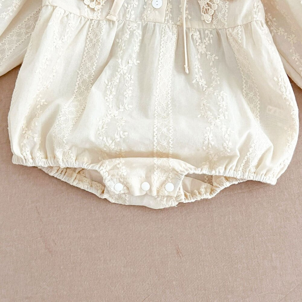 ベビー キッズ フリルカラー 花柄レース Aライン 長袖ワンピース ロンパース【mh0014444】
