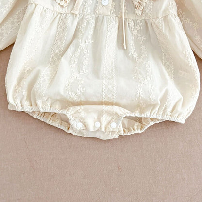 ベビー キッズ フリルカラー 花柄レース Aライン 長袖ワンピース ロンパース【mh0014444】