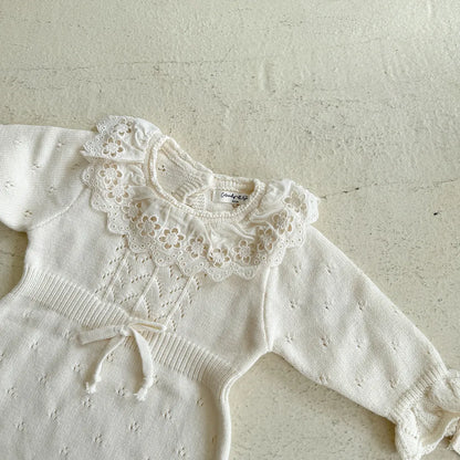 -花柄レース襟付き長袖ニットロンパース【mh0011150】 - mamahalo shop - 長袖ロンパース -  べビー服 - 子供服 - 男の子 - 女の子