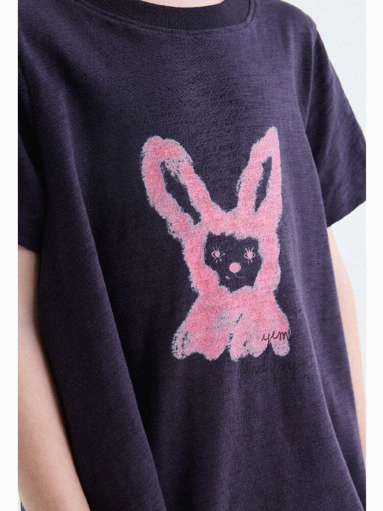 Rabbit Print A-line T-shirt Dress Aライン 半袖ワンピース【mh0013189】