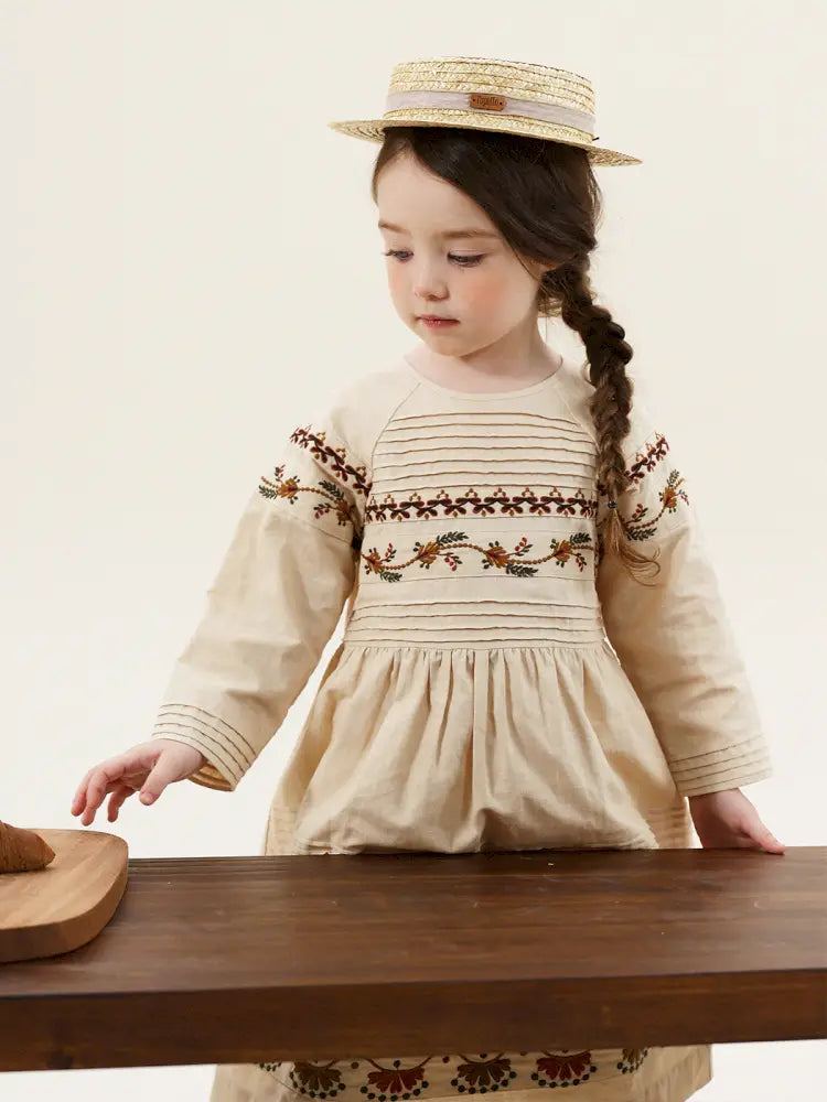 -長袖ワンピース 麻混素材 刺繍 ボヘミアン ギャザー フレア 森ガール【mh0011303】 - mamahalo shop - 長袖ワンピース -  べビー服 - 子供服 - 男の子 - 女の子