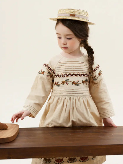 -長袖ワンピース 麻混素材 刺繍 ボヘミアン ギャザー フレア 森ガール【mh0011303】 - mamahalo shop - 長袖ワンピース -  べビー服 - 子供服 - 男の子 - 女の子