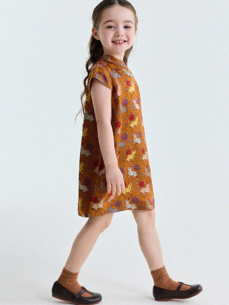 Retro Rabbit Elephant Pattern Stand Collar Dress アニマルプリント 半袖ワンピース【mh0013174】