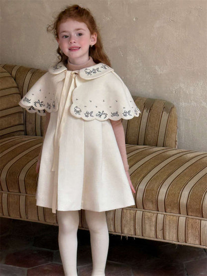 Ribbon embroidered cape + box pleated dress set (2-piece set) [mh0011452]