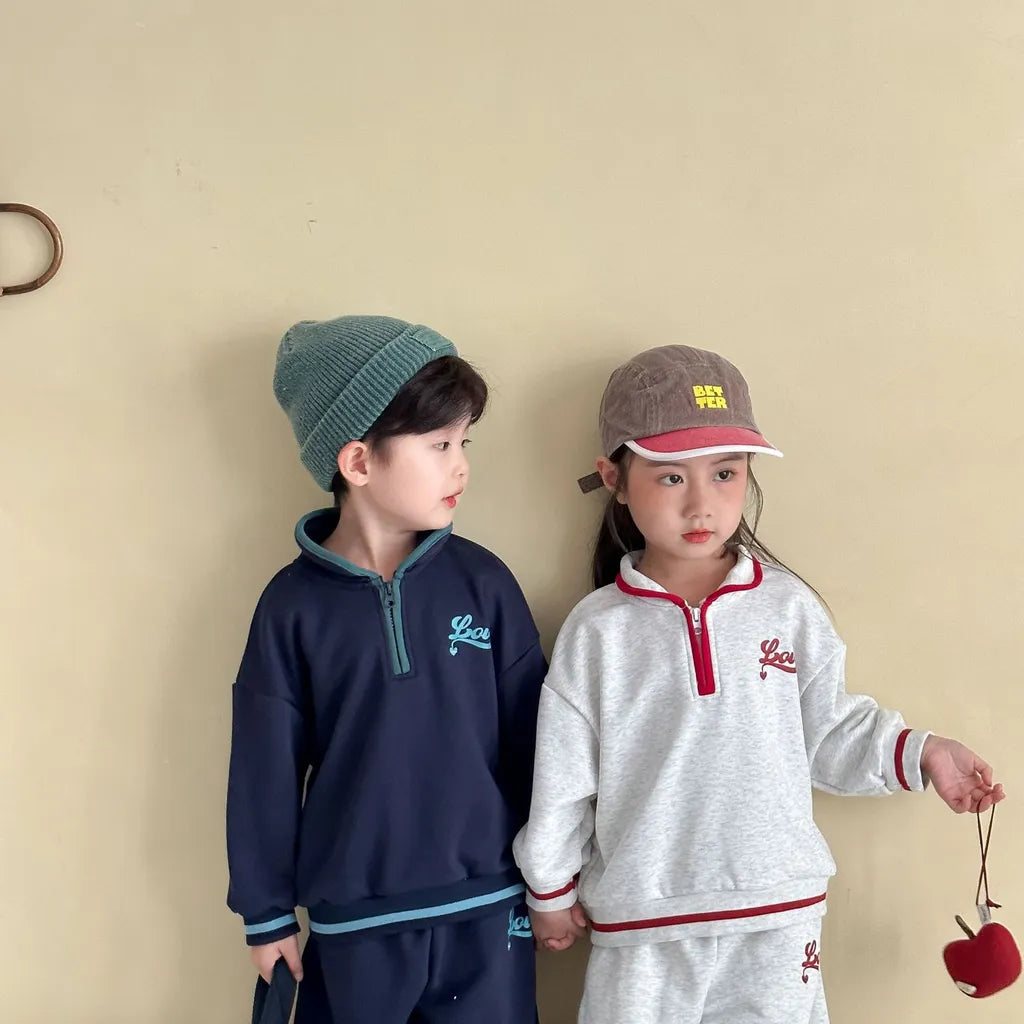 -LOVE刺繍ハーフジップスウェットセットアップ 2点セット【mh0011251】 - mamahalo shop - 長袖セットアップ -  べビー服 - 子供服 - 男の子 - 女の子