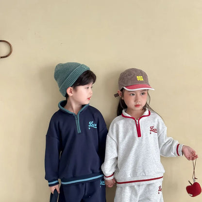 -LOVE刺繍ハーフジップスウェットセットアップ 2点セット【mh0011251】 - mamahalo shop - 長袖セットアップ -  べビー服 - 子供服 - 男の子 - 女の子