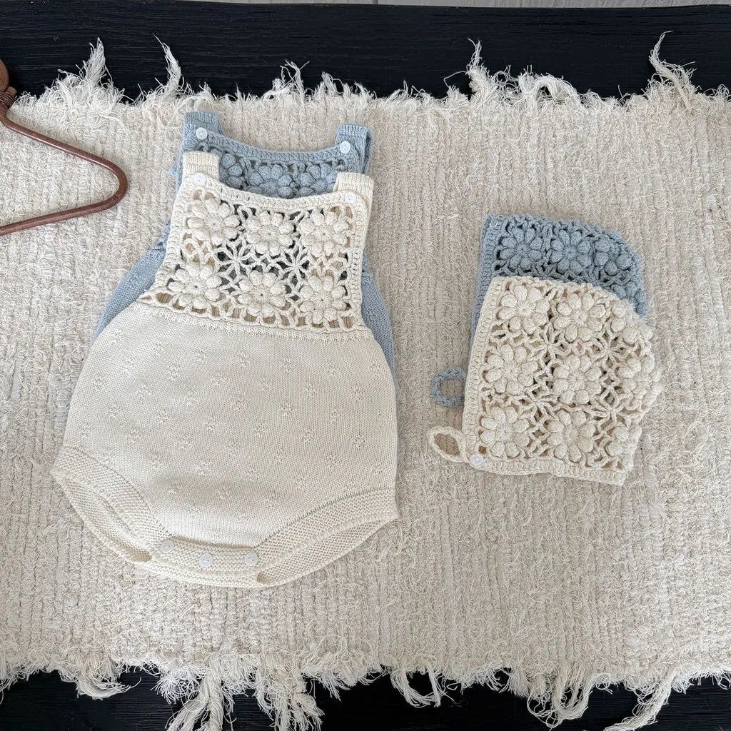 -透かし編みレースフラワーニットロンパース/ボンネット【mh0011143】 - mamahalo shop - ノースリーブロンパース -  べビー服 - 子供服 - 男の子 - 女の子