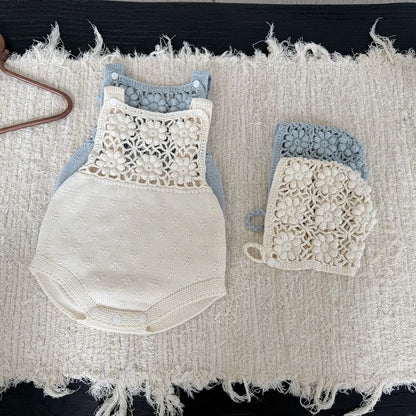 -透かし編みレースフラワーニットロンパース/ボンネット【mh0011143】 - mamahalo shop - ノースリーブロンパース -  べビー服 - 子供服 - 男の子 - 女の子