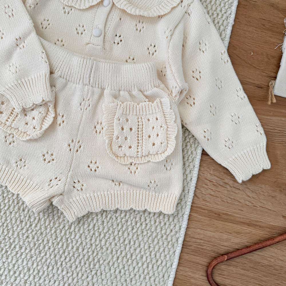 長袖ニットトップス+ショートパンツ 透かし編み レース襟付き セットアップ 2点セット【mh0011511】