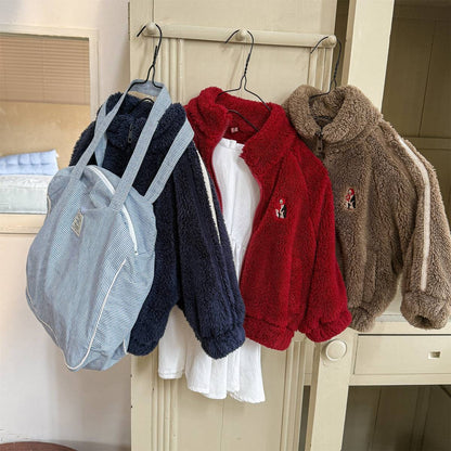 -ボアジャケット アウター ジップアップ 腕ライン 刺繍入り もこもこ素材【mh0011398】 - mamahalo shop - ショートコート・ジャケット・ジャンパー -  べビー服 - 子供服 - 男の子 - 女の子