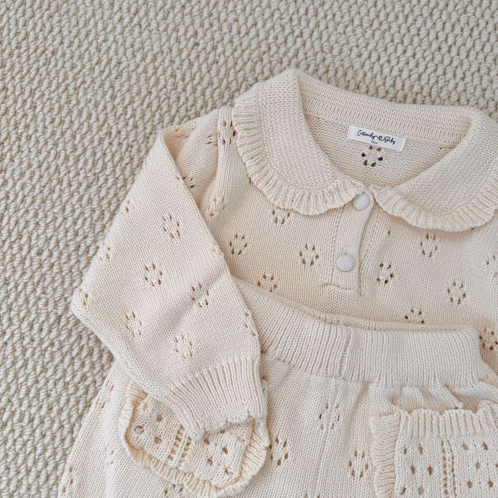 長袖ニットトップス+ショートパンツ 透かし編み レース襟付き セットアップ 2点セット【mh0011511】