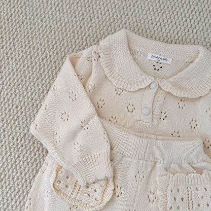 長袖ニットトップス+ショートパンツ 透かし編み レース襟付き セットアップ 2点セット【mh0011511】