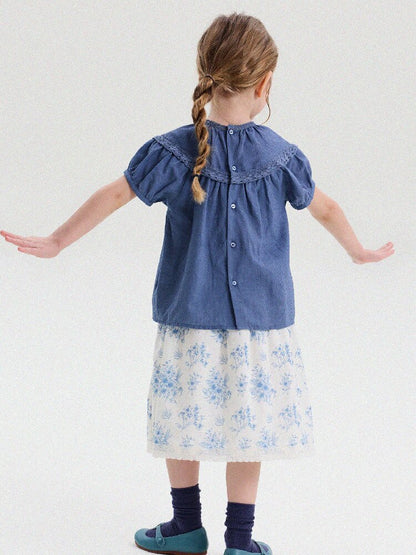 French Lace Puff Sleeve Cotton Shirt レース 半袖ブラウス【mh0013200】