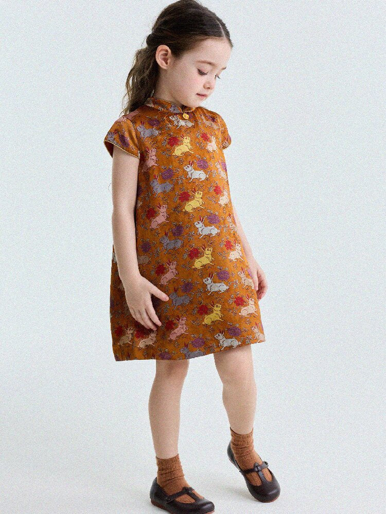 Retro Rabbit Elephant Pattern Stand Collar Dress アニマルプリント 半袖ワンピース【mh0013174】