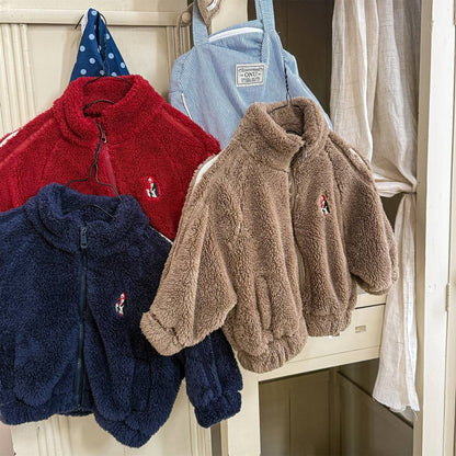 -ボアジャケット アウター ジップアップ 腕ライン 刺繍入り もこもこ素材【mh0011398】 - mamahalo shop - ショートコート・ジャケット・ジャンパー -  べビー服 - 子供服 - 男の子 - 女の子