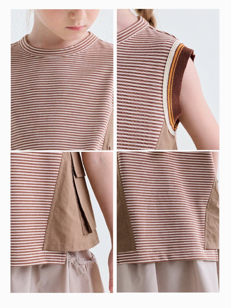 Striped Cargo Vest Cotton T-shirt Camiseta sin mangas de rayas【mh0013203】