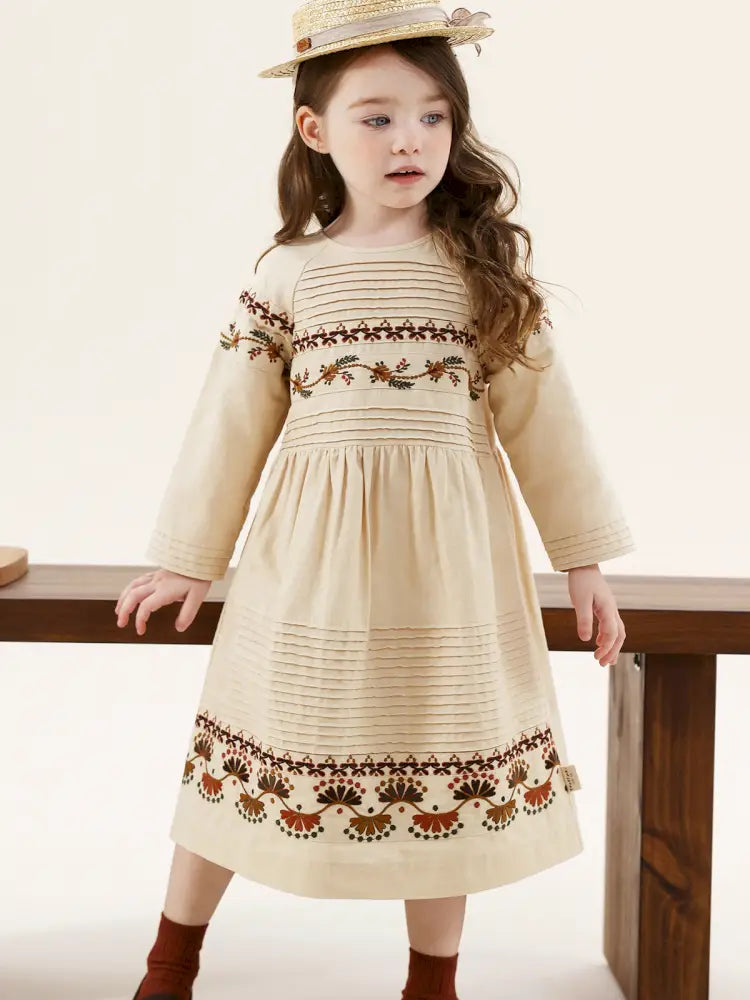 -長袖ワンピース 麻混素材 刺繍 ボヘミアン ギャザー フレア 森ガール【mh0011303】 - mamahalo shop - 長袖ワンピース -  べビー服 - 子供服 - 男の子 - 女の子