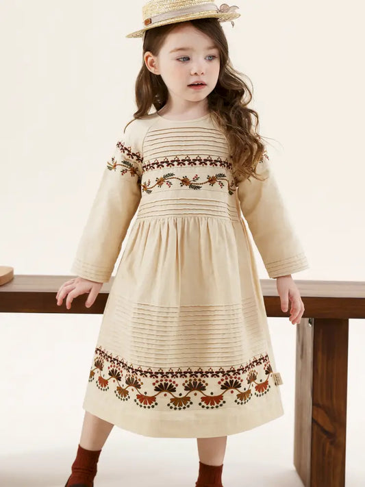 -長袖ワンピース 麻混素材 刺繍 ボヘミアン ギャザー フレア 森ガール【mh0011303】 - mamahalo shop - 長袖ワンピース -  べビー服 - 子供服 - 男の子 - 女の子