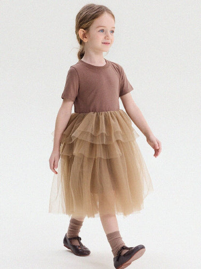 Short Sleeve Tiered Tulle Dress ドッキング 半袖ワンピース【mh0013183】