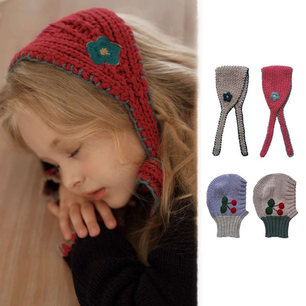 Knit hat/headband with flower crochet embroidery, perfect for warmth and protection for babies and kids [mh0011553]