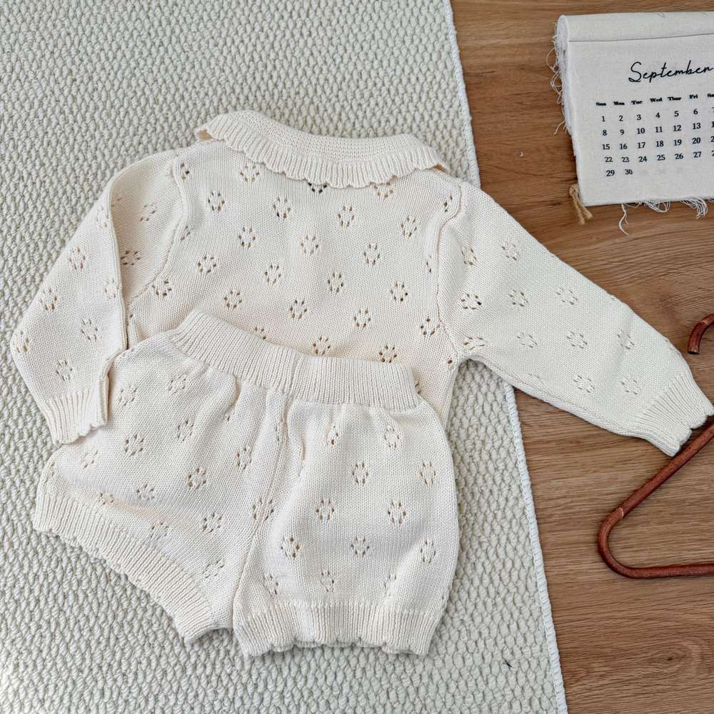 長袖ニットトップス+ショートパンツ 透かし編み レース襟付き セットアップ 2点セット【mh0011511】