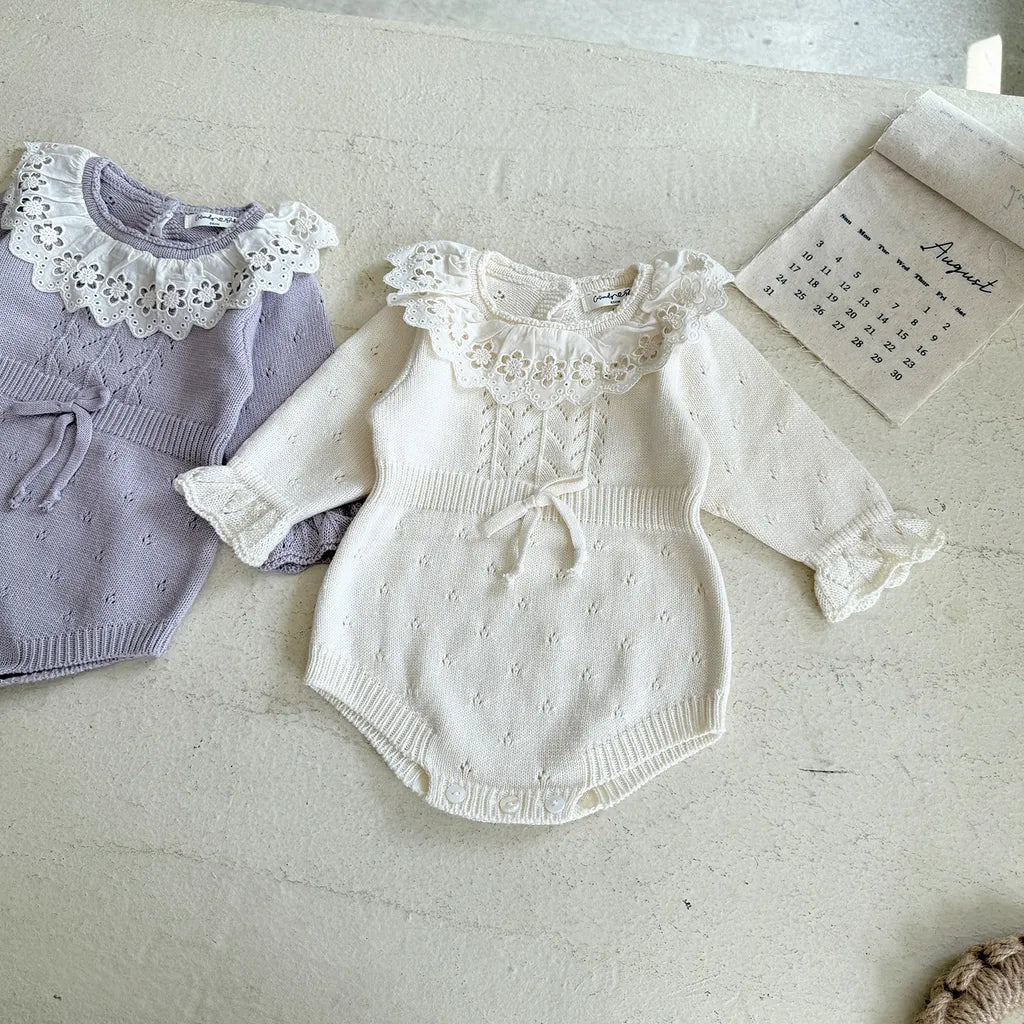 -花柄レース襟付き長袖ニットロンパース【mh0011150】 - mamahalo shop - 長袖ロンパース -  べビー服 - 子供服 - 男の子 - 女の子