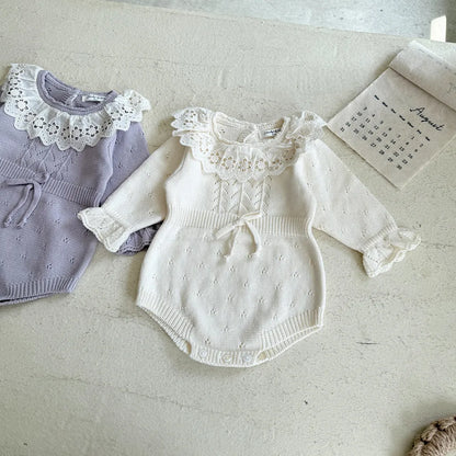 -花柄レース襟付き長袖ニットロンパース【mh0011150】 - mamahalo shop - 長袖ロンパース -  べビー服 - 子供服 - 男の子 - 女の子