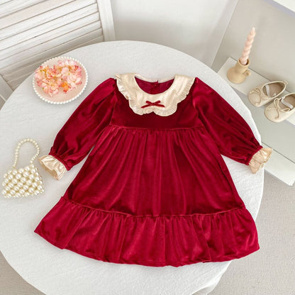 ベビー キッズ ベルベット 丸襟 フリル バルーンスリーブ Aライン ワンピース ロンパース【mh0014455】
