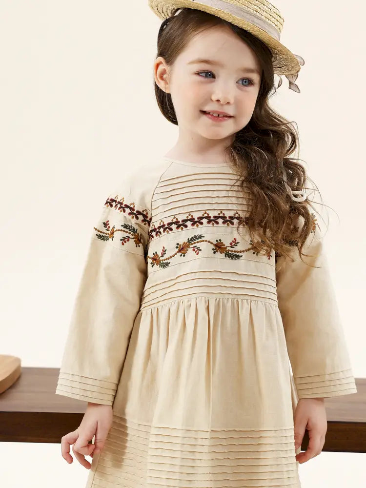 -長袖ワンピース 麻混素材 刺繍 ボヘミアン ギャザー フレア 森ガール【mh0011303】 - mamahalo shop - 長袖ワンピース -  べビー服 - 子供服 - 男の子 - 女の子