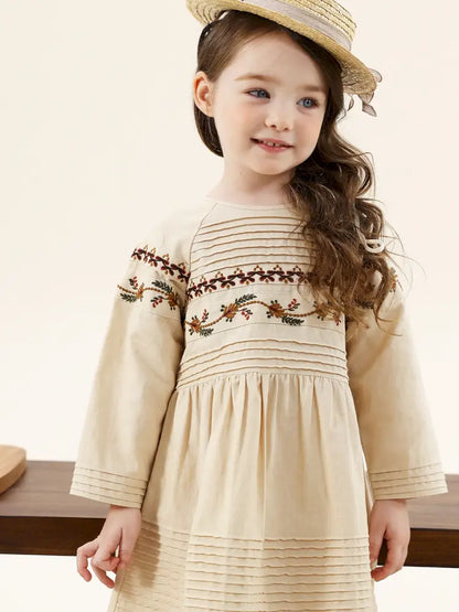 -長袖ワンピース 麻混素材 刺繍 ボヘミアン ギャザー フレア 森ガール【mh0011303】 - mamahalo shop - 長袖ワンピース -  べビー服 - 子供服 - 男の子 - 女の子