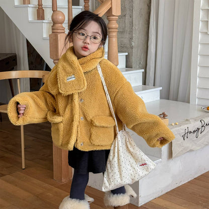 -シープボアジャケット 2点セット もこもこアウター ビッグポケット マフラーセット【mh0011408】 - mamahalo shop - ショートコート・ジャケット・ジャンパー -  べビー服 - 子供服 - 男の子 - 女の子