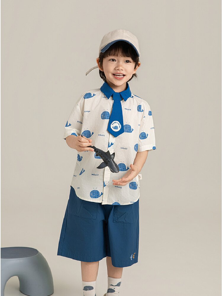 Elephant Whale Shirt ネクタイ付 アニマル 半袖シャツ【mh0012735】
