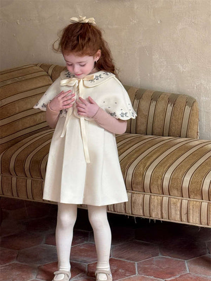 Ribbon embroidered cape + box pleated dress set (2-piece set) [mh0011452]