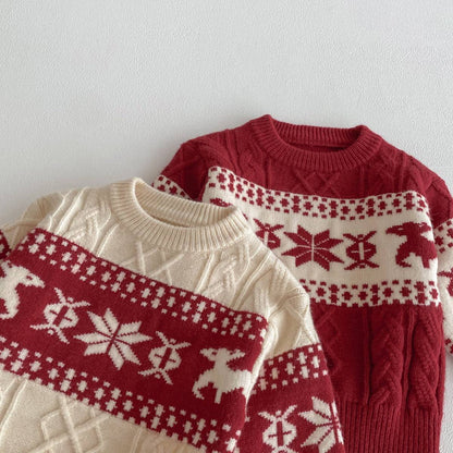 -長袖セーター ニット プルオーバー ノルディック柄 雪の結晶 トナカイ柄 あったか【mh0011378】 - mamahalo shop - ニット・セーター -  べビー服 - 子供服 - 男の子 - 女の子