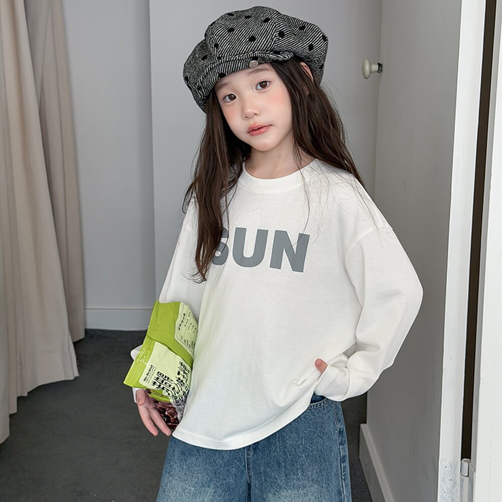 キッズ ジュニア 英字ロゴ プリント クルーネック 長袖Tシャツ【mh0014421】