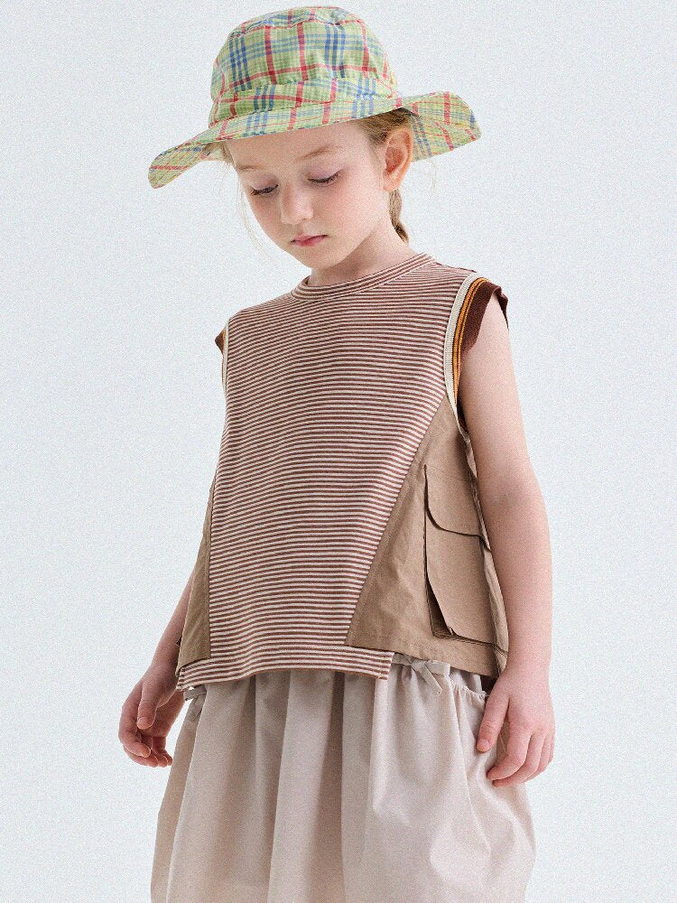 Striped Cargo Vest Cotton T-shirt Camiseta sin mangas de rayas【mh0013203】