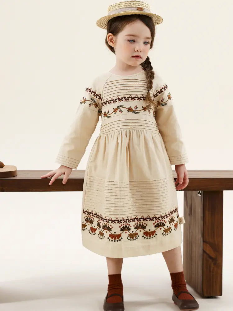 -長袖ワンピース 麻混素材 刺繍 ボヘミアン ギャザー フレア 森ガール【mh0011303】 - mamahalo shop - 長袖ワンピース -  べビー服 - 子供服 - 男の子 - 女の子