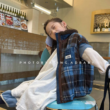 -チェック柄ベスト 裏ボア デニムポケット 中綿入り アウター【mh0011418】 - mamahalo shop - ベスト -  べビー服 - 子供服 - 男の子 - 女の子