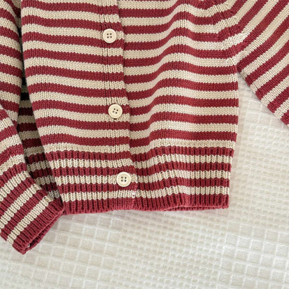 ボーダーニットカーディガン 襟付き 長袖 ボタン開閉 トップス【mh0011431】
