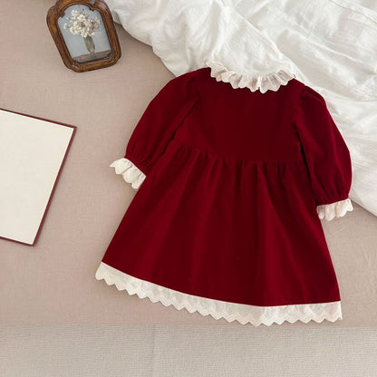 ベビー キッズ レース襟 Aライン ギャザー 長袖ワンピース ロンパース【mh0014450】