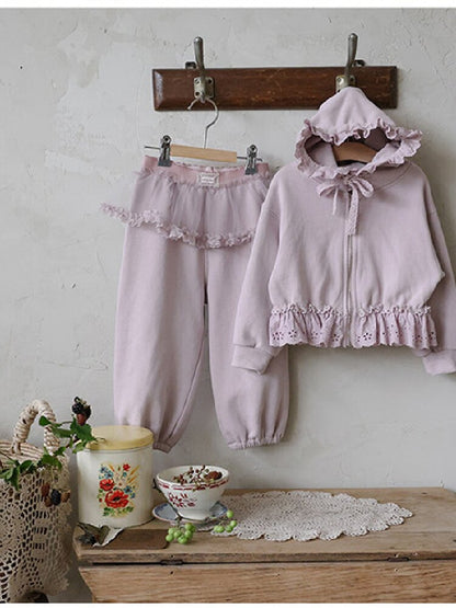 キッズ ジュニア フリル 花柄 レース フード付き ジップアップ パーカー【mh0014797】