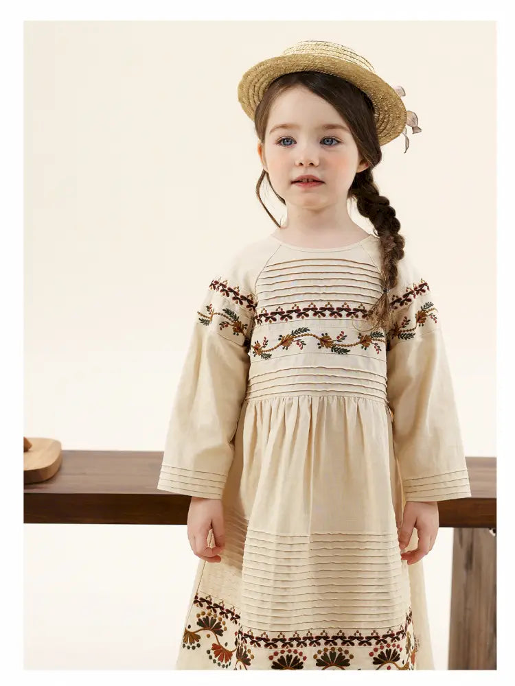 -長袖ワンピース 麻混素材 刺繍 ボヘミアン ギャザー フレア 森ガール【mh0011303】 - mamahalo shop - 長袖ワンピース -  べビー服 - 子供服 - 男の子 - 女の子