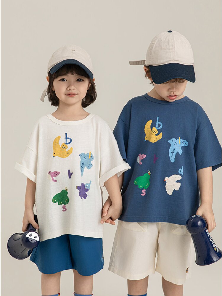 Bird Print Cotton Tee & Wide Shorts 小鳥プリント 半袖Tシャツ ショートパンツ【mh0012729】