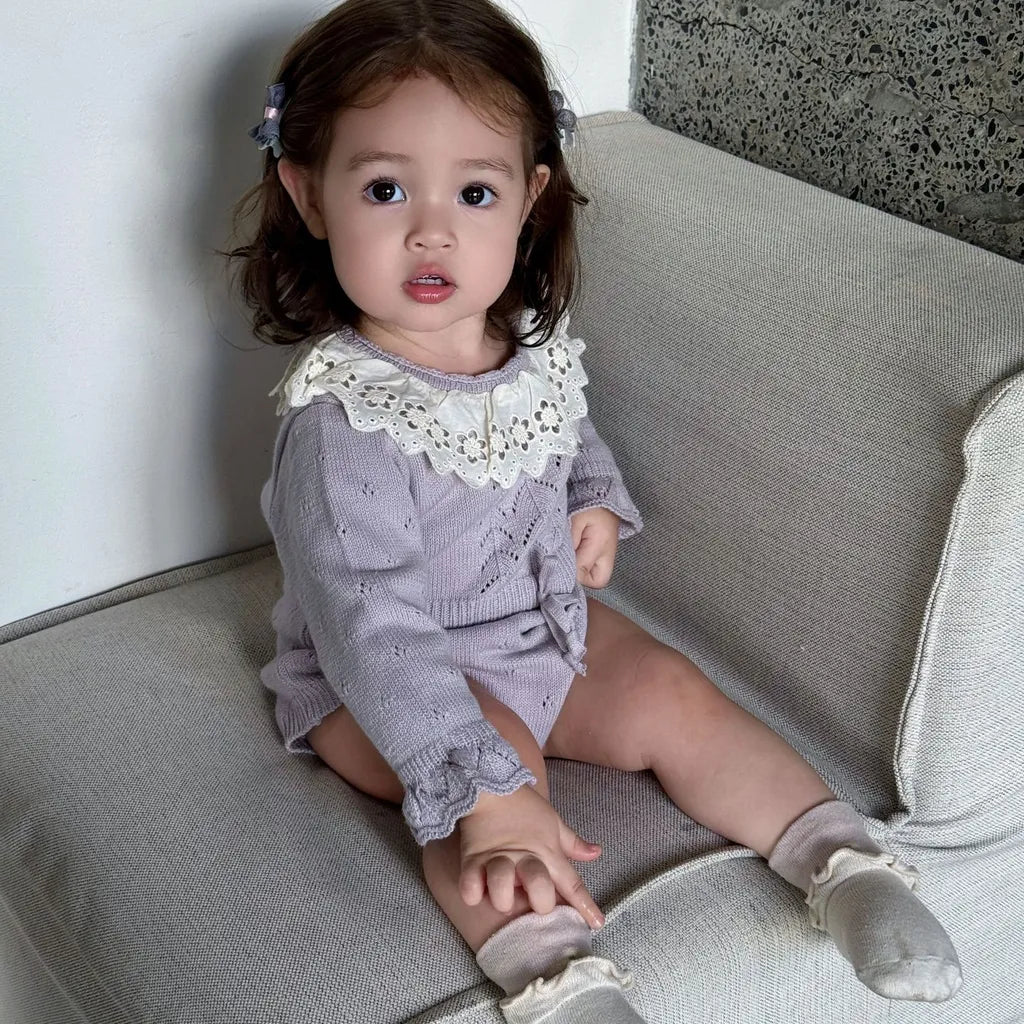 -花柄レース襟付き長袖ニットロンパース【mh0011150】 - mamahalo shop - 長袖ロンパース -  べビー服 - 子供服 - 男の子 - 女の子