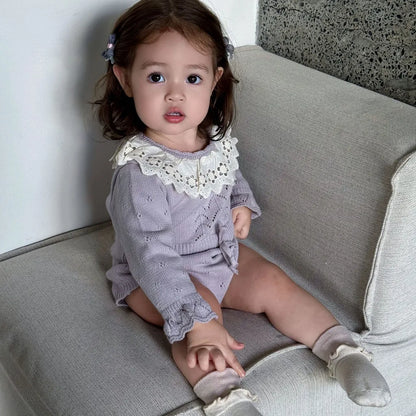 -花柄レース襟付き長袖ニットロンパース【mh0011150】 - mamahalo shop - 長袖ロンパース -  べビー服 - 子供服 - 男の子 - 女の子