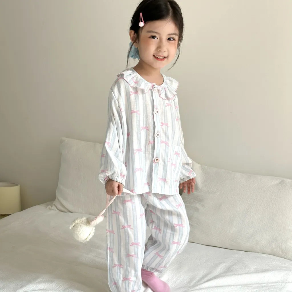 -ストライプくま/リボンプリント長袖パジャマセットアップ 2点セット【mh0011232】 - mamahalo shop - 長袖パジャマ -  べビー服 - 子供服 - 男の子 - 女の子