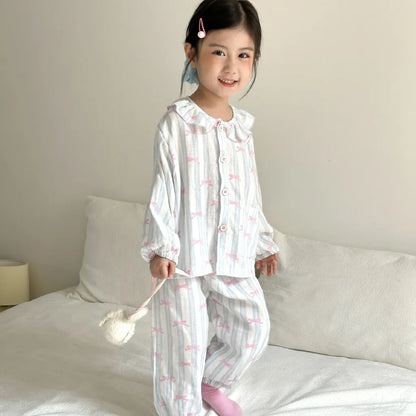 -ストライプくま/リボンプリント長袖パジャマセットアップ 2点セット【mh0011232】 - mamahalo shop - 長袖パジャマ -  べビー服 - 子供服 - 男の子 - 女の子